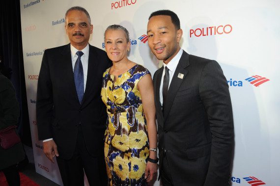 WASHINGTON, DC - APRIL 24:  (L-R) U.S. Attorney General Eric Holder, Sharon Malone, and John Legend attend "An Evening With John Legend" hosted by POLITICO to kick-off White House Correspondents' weekend at Longview Gallery on April 24, 2015 in Washington, DC.  (Photo by Brad Barket/Getty Images for POLITICO)