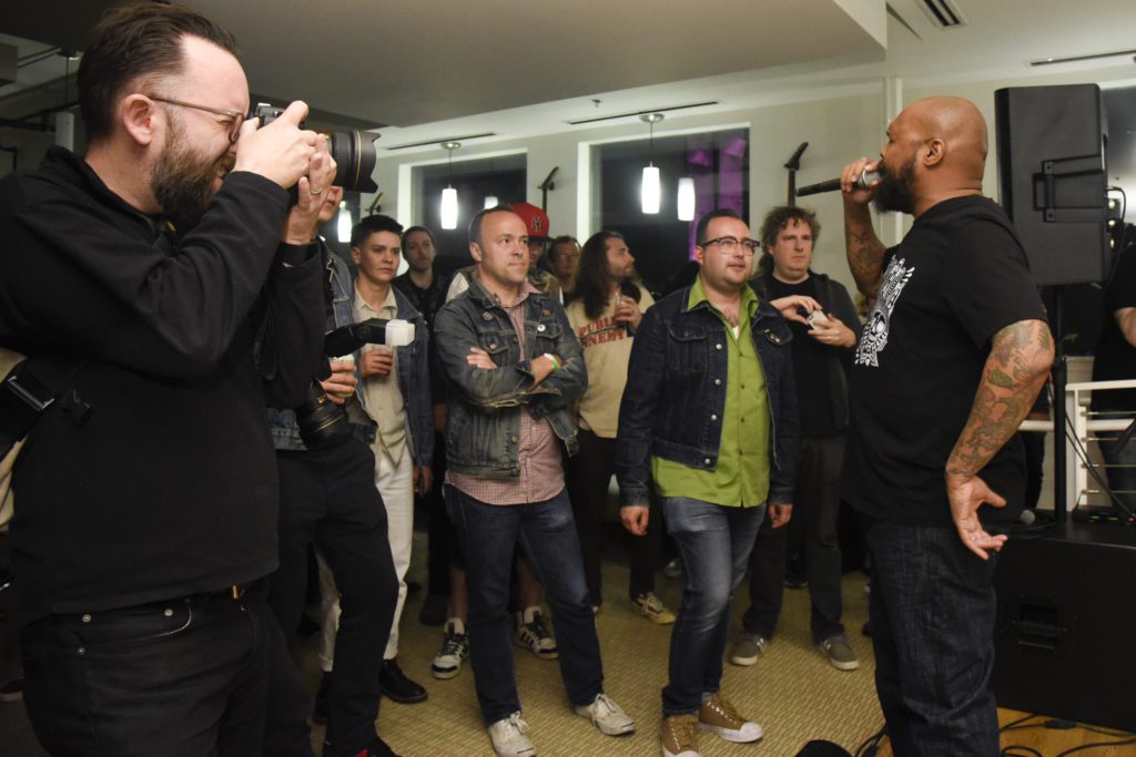 WASHINGTON, DC - APRIL 20: Shawn Brown, Brian Baker, Roger Marbury and Colin Sears of Dag Nasty perform during secret show at Gibson Studios on April 20, 2016 in Washington, DC. The concert was part of a screening of A24's new movie GREEN ROOM directed by Jeremy Saulnier who was also in attendance. (Photo by Kris Connor/A24)