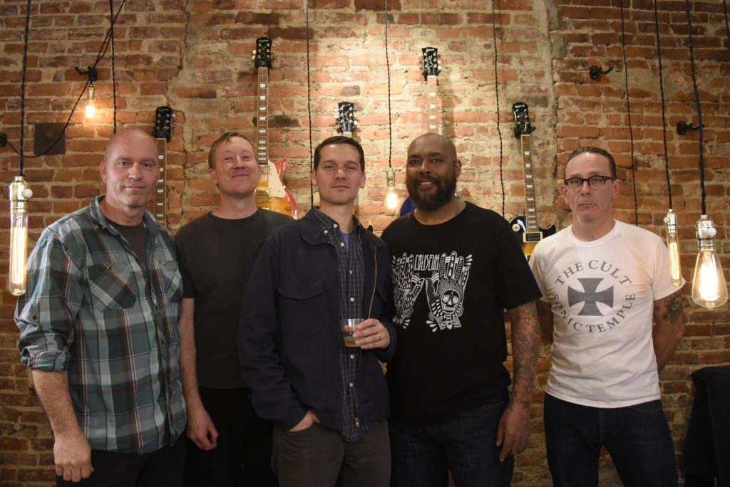 WASHINGTON, DC - APRIL 20: Writer & director Jeremy Saulnier of A24s new film GREEN ROOM meets with Shawn Brown, Brian Baker, Roger Marbury and Colin Sears of Dag Nasty their secret show at Gibson Studios on April 20, 2016 in Washington, DC. (Photo by Kris Connor/A24)