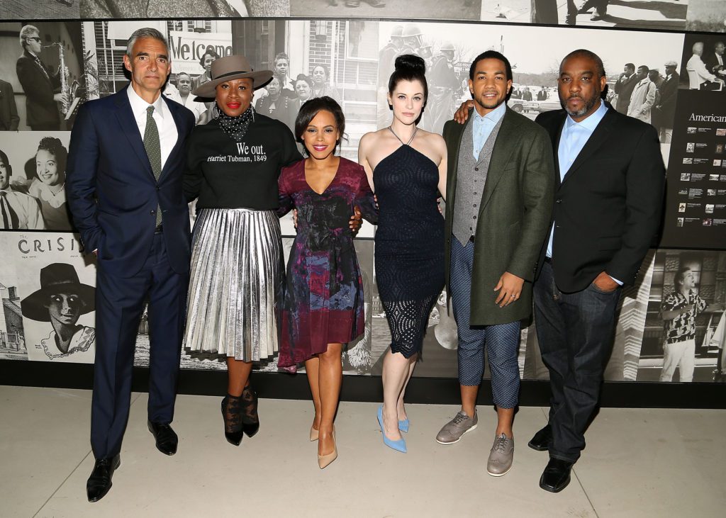 WASHINGTON, DC - SEPTEMBER 26: (L to R) Peter Liguori, President and CEO of Tribune Media Company, "Underground" stars Aisha Hinds, Amirah Vann, Jessica de Gouw, Alano Miller and "Underground" Executive Producer Mike Jackson, attend WGN America's "Underground" screening and panel discussion as the inaugural public program at The Smithsonian National Museum Of African American History And Culture on September 26, 2016 in Washington, DC. (Photo by Paul Morigi/Getty Images for WGN America)